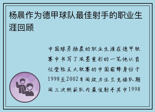 杨晨作为德甲球队最佳射手的职业生涯回顾
